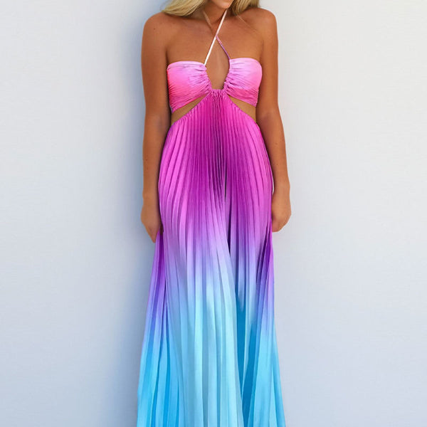 2026 spring new cross-border European and beautiful clothing temperament sexy gradient color long skirt elegant hollow halterneck dress