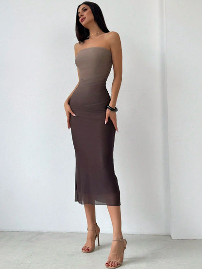 Spot cross-border 2024 European and American Amazon mesh gradient ruffles sexy skinny slit strap bandeau long skirt