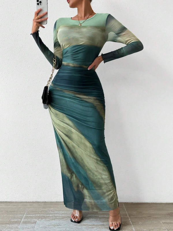 Spot Cross Border 2024 Europe and America Amazon Fashion Mesh Print Ruffle Sexy Tight Crew Neck Dress