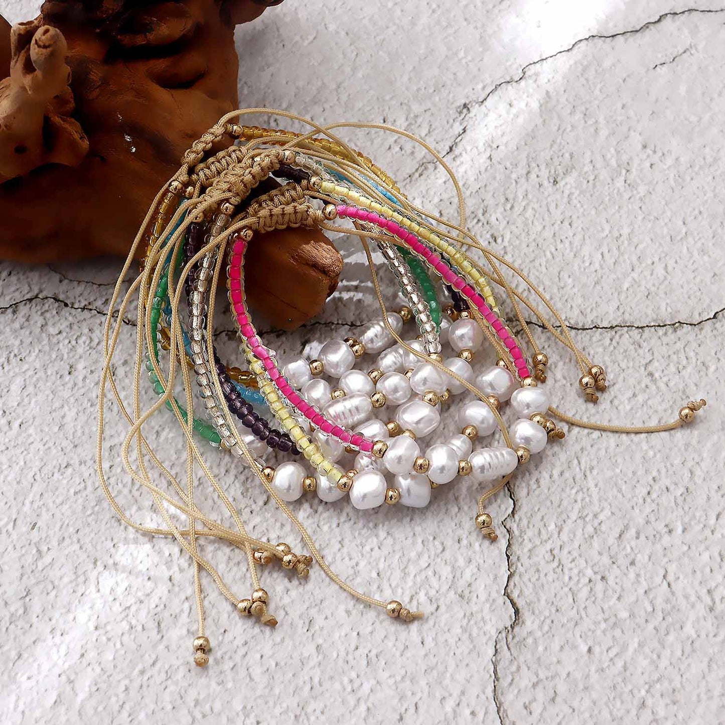 European and American cross-border jewelry ins adjustable special-shaped imitation pearl transparent rice bead color bracelet women's colorful rope wholesale