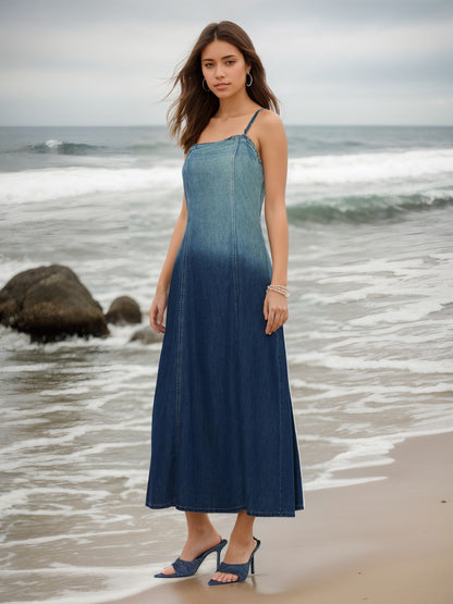 American blue gradient suspender denim dress 2024 summer new elastic waist to cover the flesh and slim long skirt
