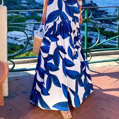 2026 Amazon Foreign Trade European Women's New Spring Print V-Neck Sexy Open Waist Strap Pleated Dress