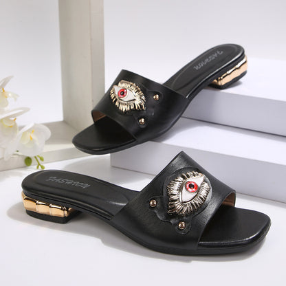 Fashionable and comfortable women's square-toe high-heeled sandals, women's slippers, elegant versatile metal decorative buckle square-toe sandals