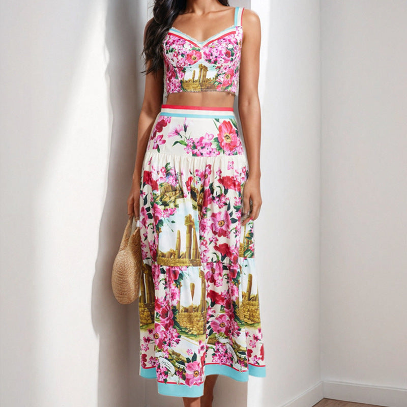 Cross-border spring 2025 new European and American clothing sexy patchwork bandeau camisole skirt fashion set two-piece set