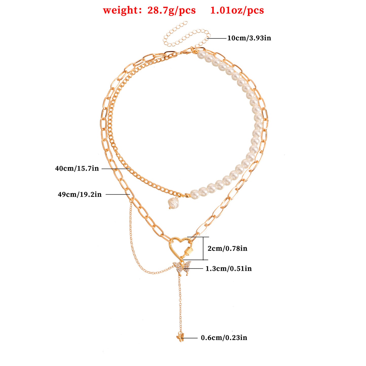 Pastoral Retro Geometric Love Butterfly Combo Necklace European and American French elegant imitation pearl beaded chain necklace