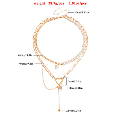 Pastoral Retro Geometric Love Butterfly Combo Necklace European and American French elegant imitation pearl beaded chain necklace