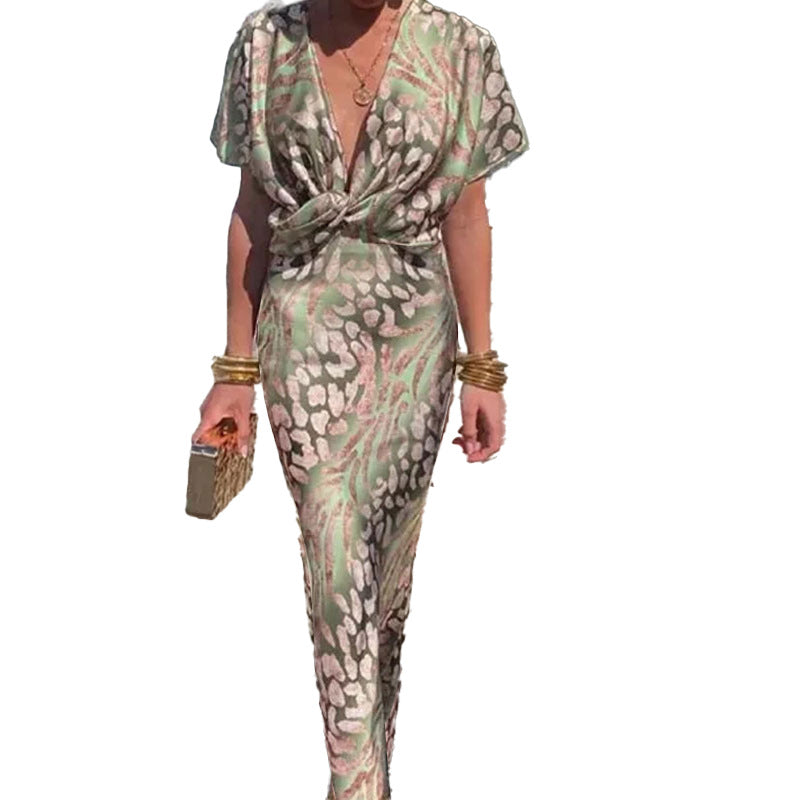 2026 Independent Station European and American Foreign Trade Women's Fashion Tight Print Twisted Mid-Waist Sexy V-Neck Spring Dress