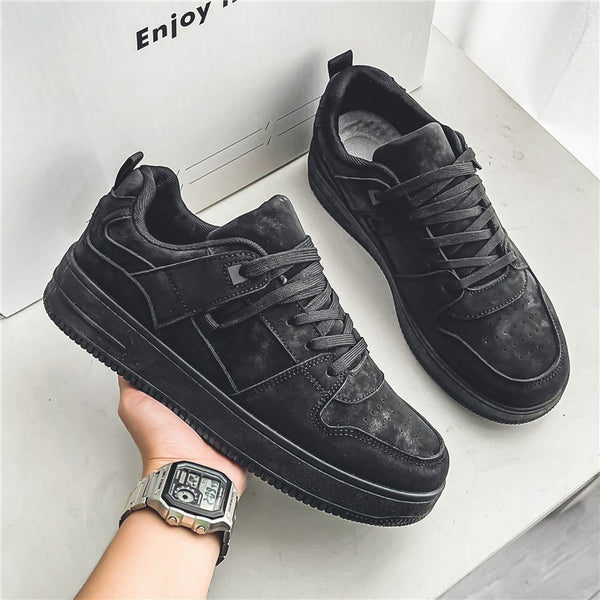 2026 Spring New Pure Black Men's Shoes: Versatile Thick-Soled Height-Increasing Casual Board Shoes, Youth Work Sports Trendy Shoes
