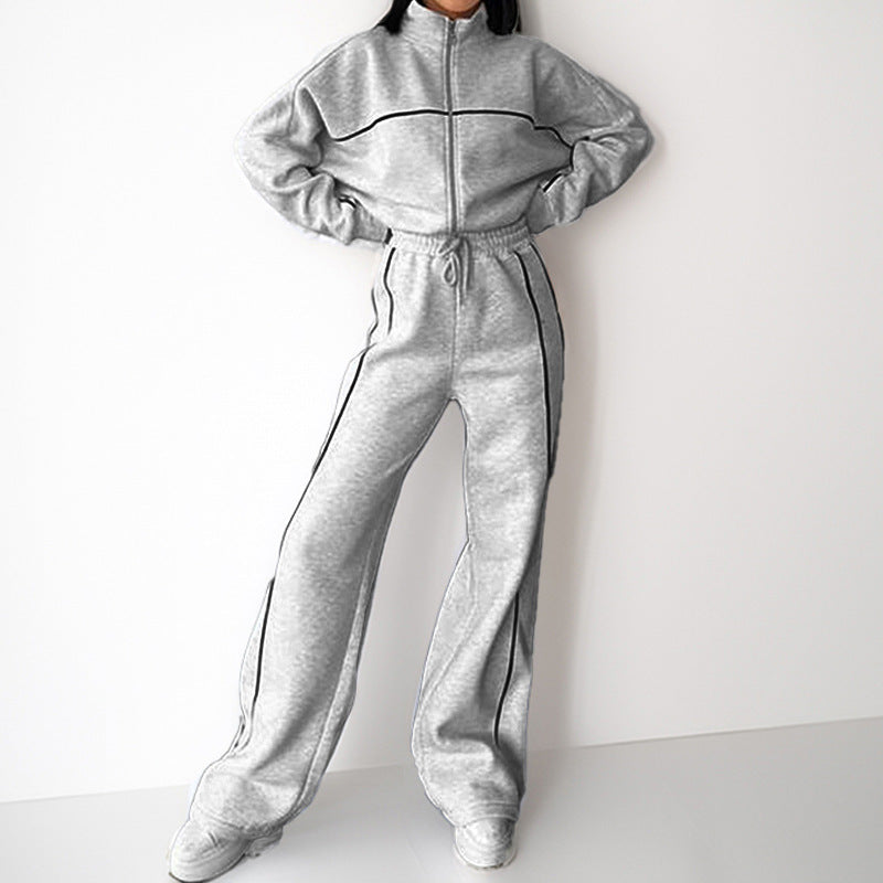 2026 New European and American Amazon Casual Long Sleeve Cardigan Sports Sweatshirt Lace-up Striped Pants Fashion Suit Women