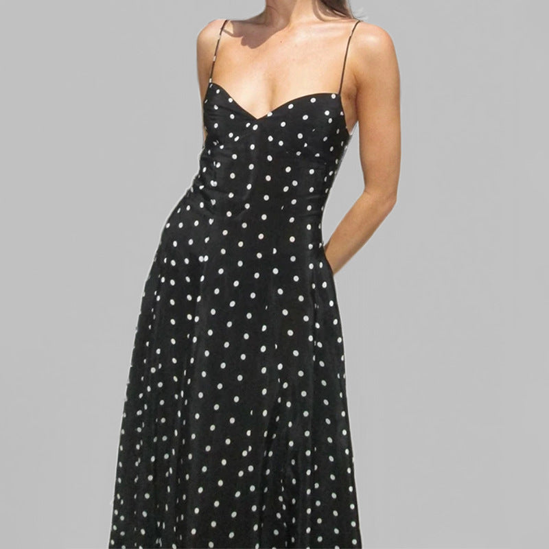 Spring 2026 cross-border European and beautiful clothing temperament elegant casual polka dot print spaghetti shoulder slip party dress
