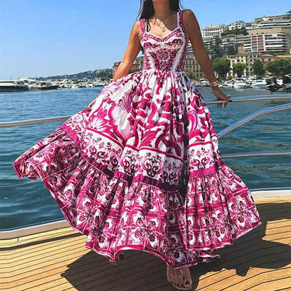 Amazon European and American cross-border women's clothing new printed square neck sundress pleated slim large swing European and American dress women