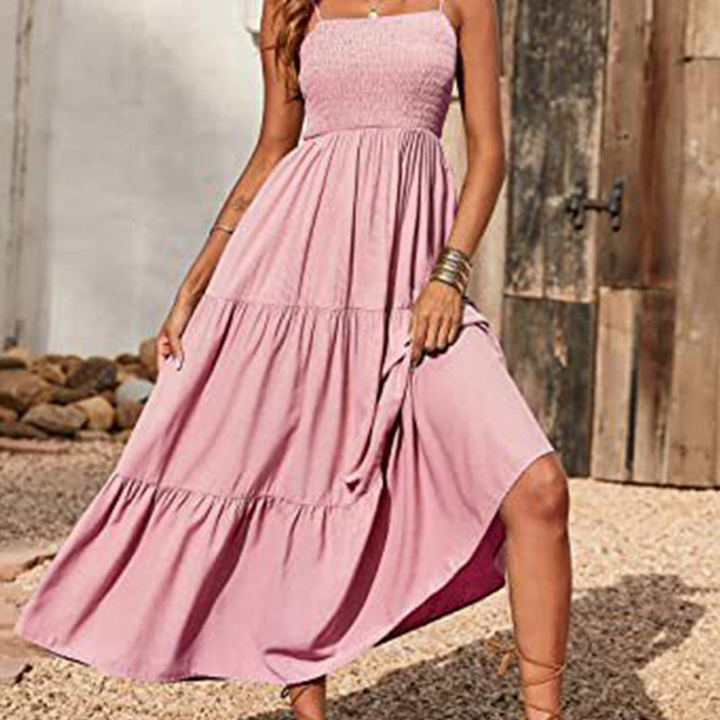 Cross-border summer European and American new Amazon women's solid color bandeau waist ruffle slip dress women's 661