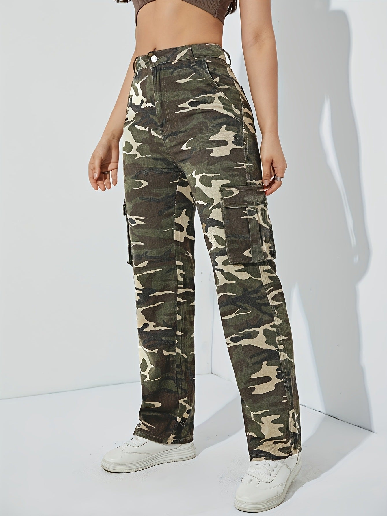 Spring and Autumn new camouflage workwear high-waisted temperament straight denim trousers women's slacks are versatile