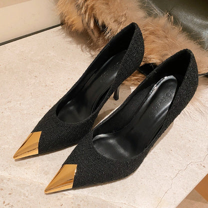 Black high heels women's 2026 new thin heel design sense temperament, versatile metal autumn and winter pointed toe single shoes spring set feet
