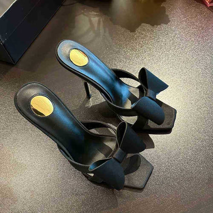 WO Huizhou 2026 new bow European and American black versatile square toe temperament wears open-toe high-heeled slippers outside