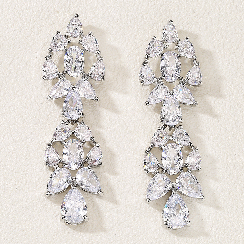 Foreign trade new waterdrop zircon stud earrings long tassel earrings, three-color full diamond earrings, niche design for women