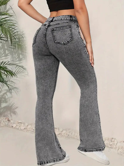 Cross-border foreign trade dark gray women's jeans slim slim multifunctional design high waisted denim flared pants JEANS