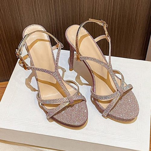2026 Summer European and American Fashion Greet Upper Pointed Toe Stiletto Heel High Heel Sandals Women's One Line with Rhinestones Banquet Wedding