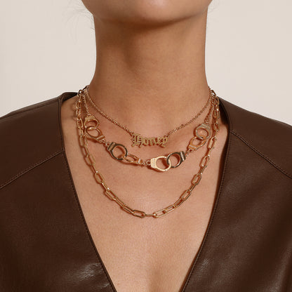 European and American cross-border jewelry, fashion English letters, handcuffs, pendants, necklaces, women, multi-layered punk exaggerated trend necklaces