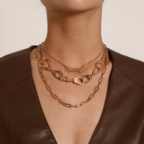 European and American cross-border jewelry, fashion English letters, handcuffs, pendants, necklaces, women, multi-layered punk exaggerated trend necklaces