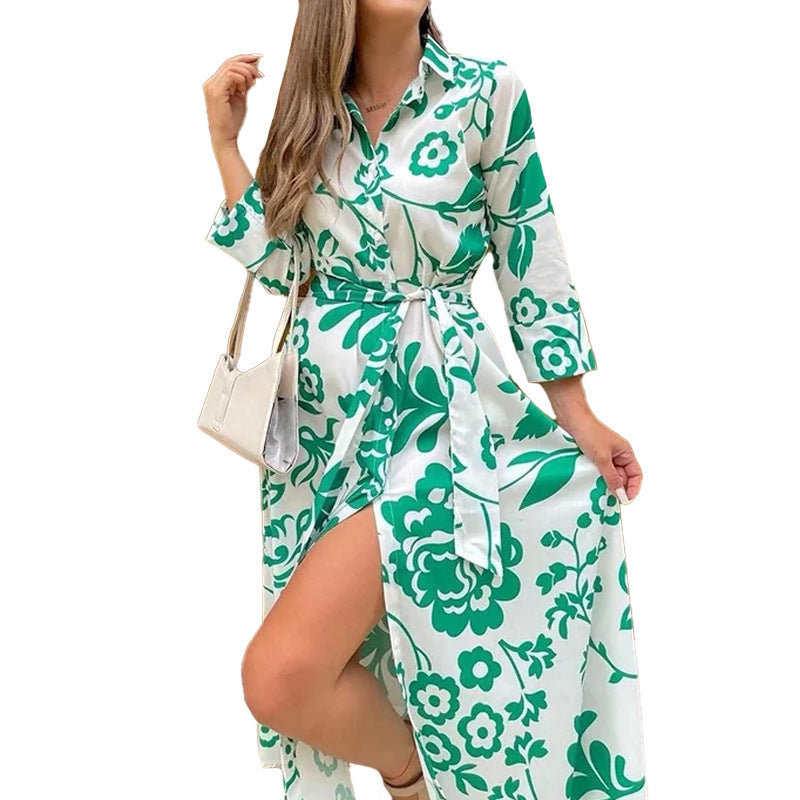 Ciaura Elegant Printed Lapel Cardigan Maxi Dress with Waist Tie & Side Slit