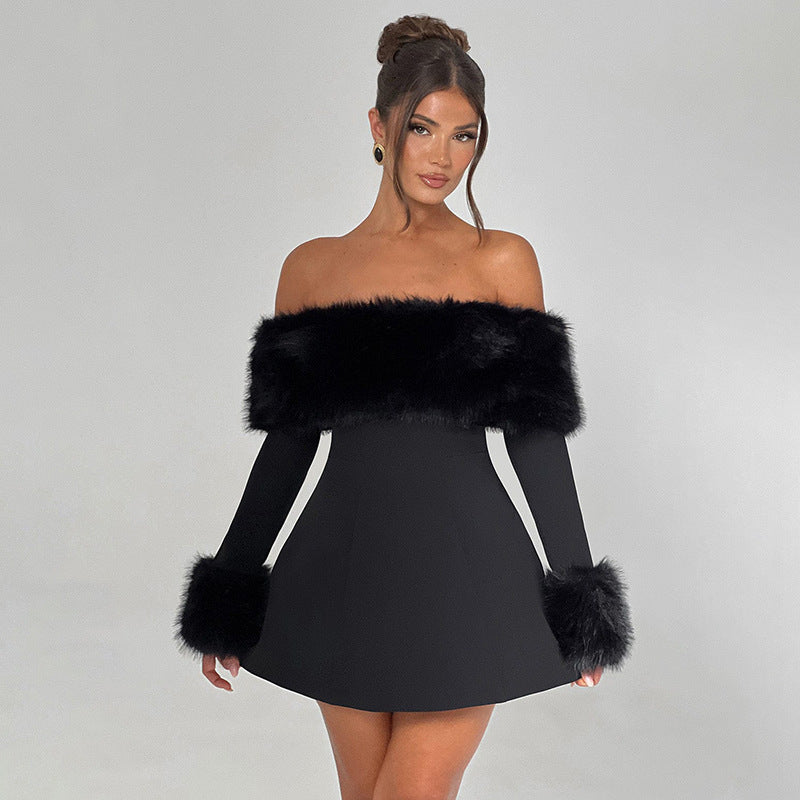 Cross-border autumn and winter new European and beautiful women's clothing, high-end fur collar, sexy one-line shoulder long sleeves, slim and slim A-line skirt women