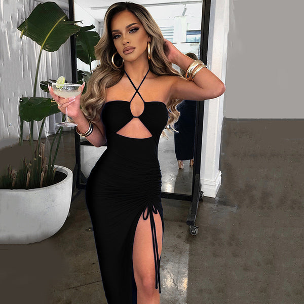 Cross-border European and American ins style summer new dress sexy backless bandeau halterneck high slit slim dress - view 2 | Ciaura