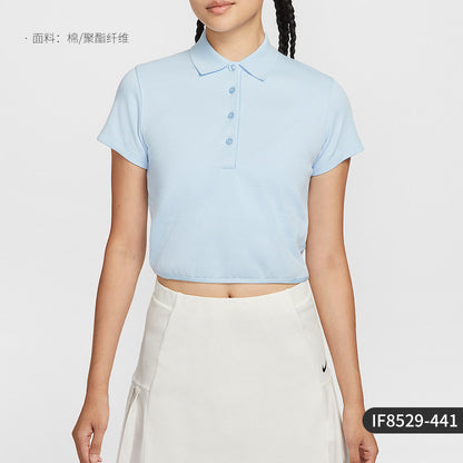 Camisola de golfe Nike Genuine 2025 para mulher, modelo IF8529-214, com lapela, respirável e manga curta.
