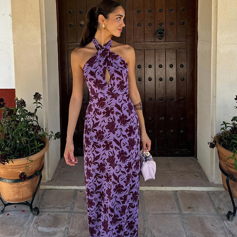 Cross-border Amazon 2025 spring summer new European and American women's print halterneck tie sexy backless slim dress