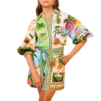 2026 Spring New Cross-border European and American Fashion Printed Resort Style Shirt Cardigan Lace-Up Waist Dress