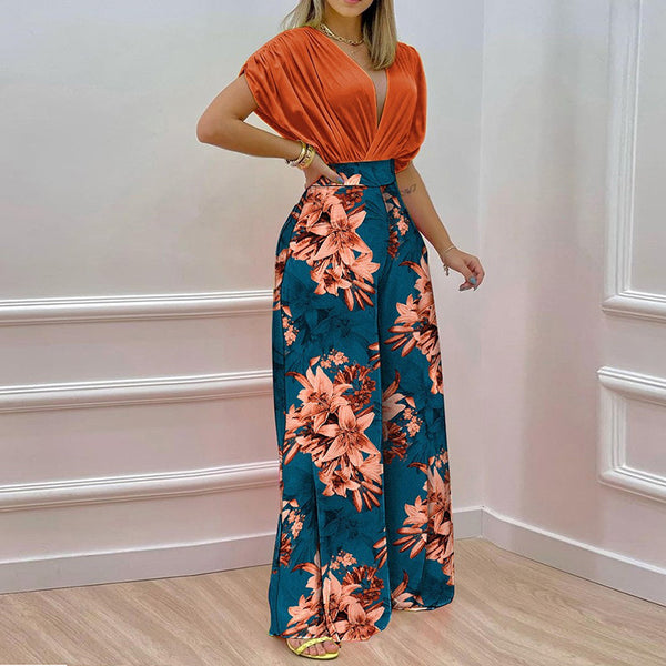 2026 European and American Clothing Independent Station Spring New Temperament V-Neck Printed Wide-leg Pants Fashion Casual Suit 661