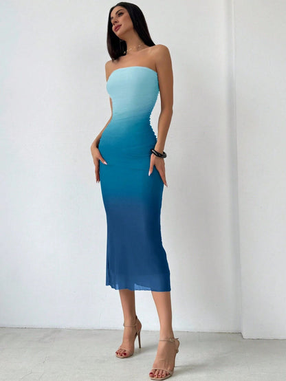 Spot cross-border 2024 European and American Amazon mesh gradient ruffles sexy skinny slit strap bandeau long skirt