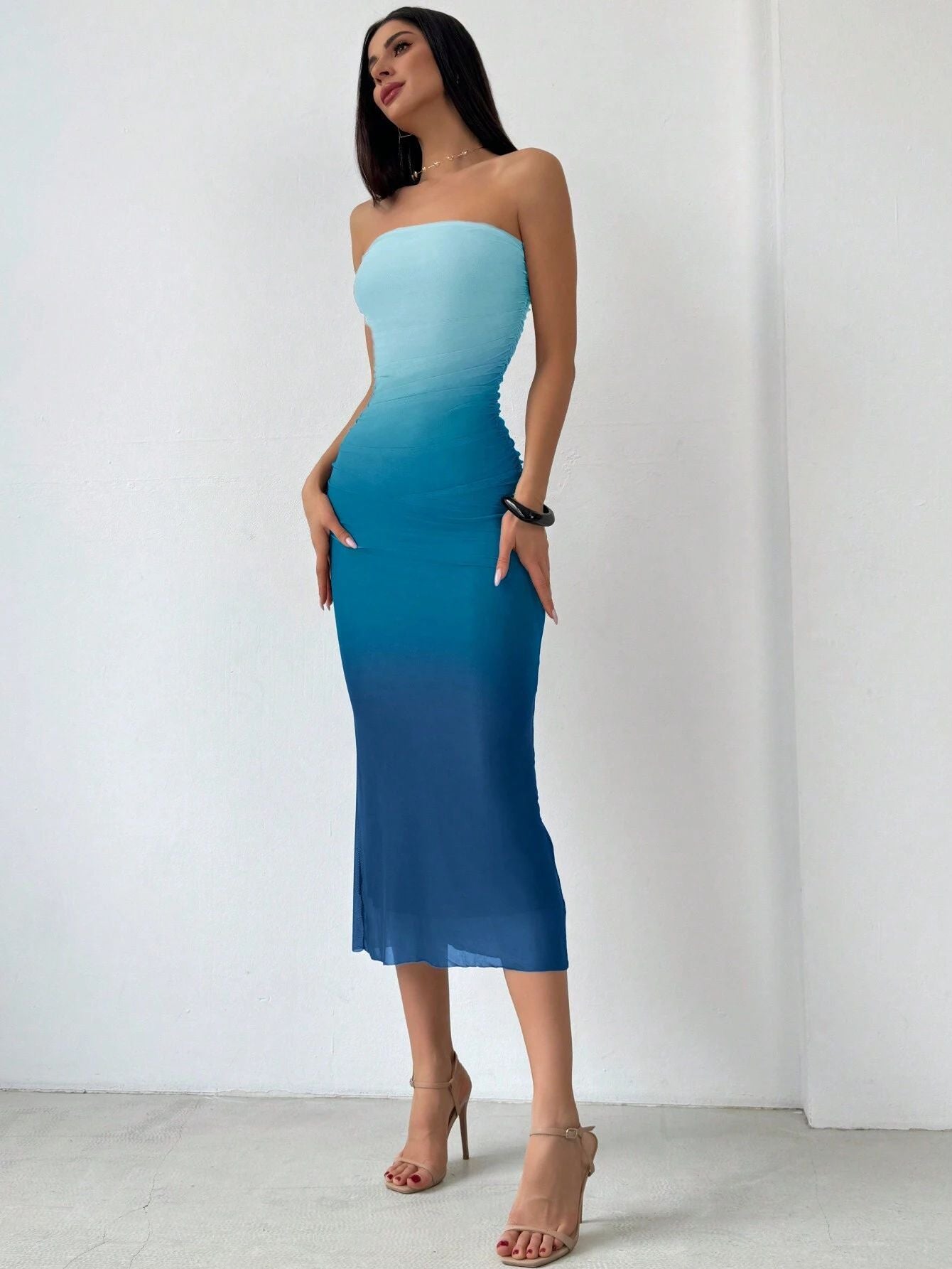 Spot cross-border 2024 European and American Amazon mesh gradient ruffles sexy skinny slit strap bandeau long skirt