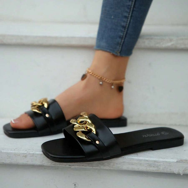 Cross-border dropshipping women's shoes, women's fashion slippers, solid color chain metal decoration, square toe flat sole, simple and comfortable solid color