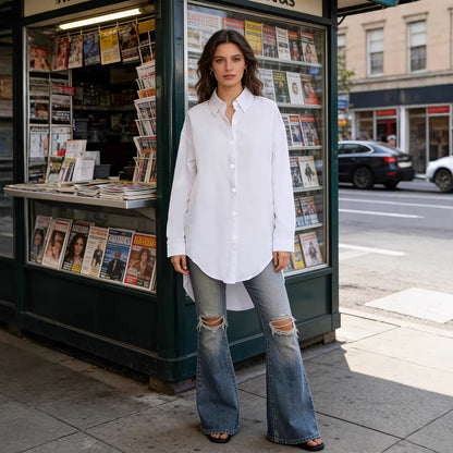 Cross-border European and American asymmetrical hem solid-color shirt for women, loose, slimming, drapey casual long-sleeve shirt for women