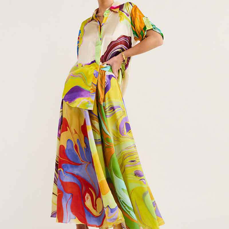 Spring 2026 new cross-border European and American fashion printed loose top lace-up skirt set