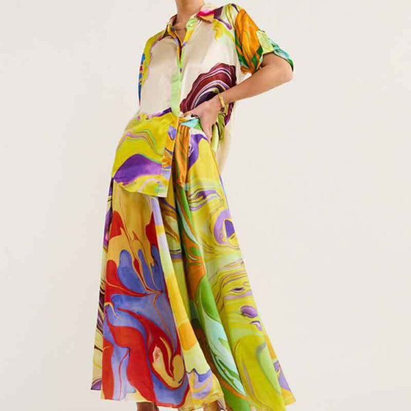 Spring 2026 new cross-border European and American fashion printed loose top lace-up skirt set
