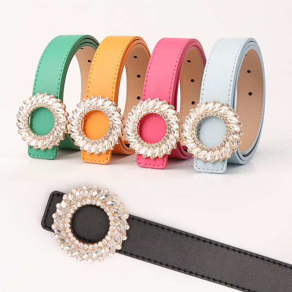 Cross-border new fashion round buckle rhinestone belt women's simple and versatile women's belt decoration luxury belt wholesale | Ciaura