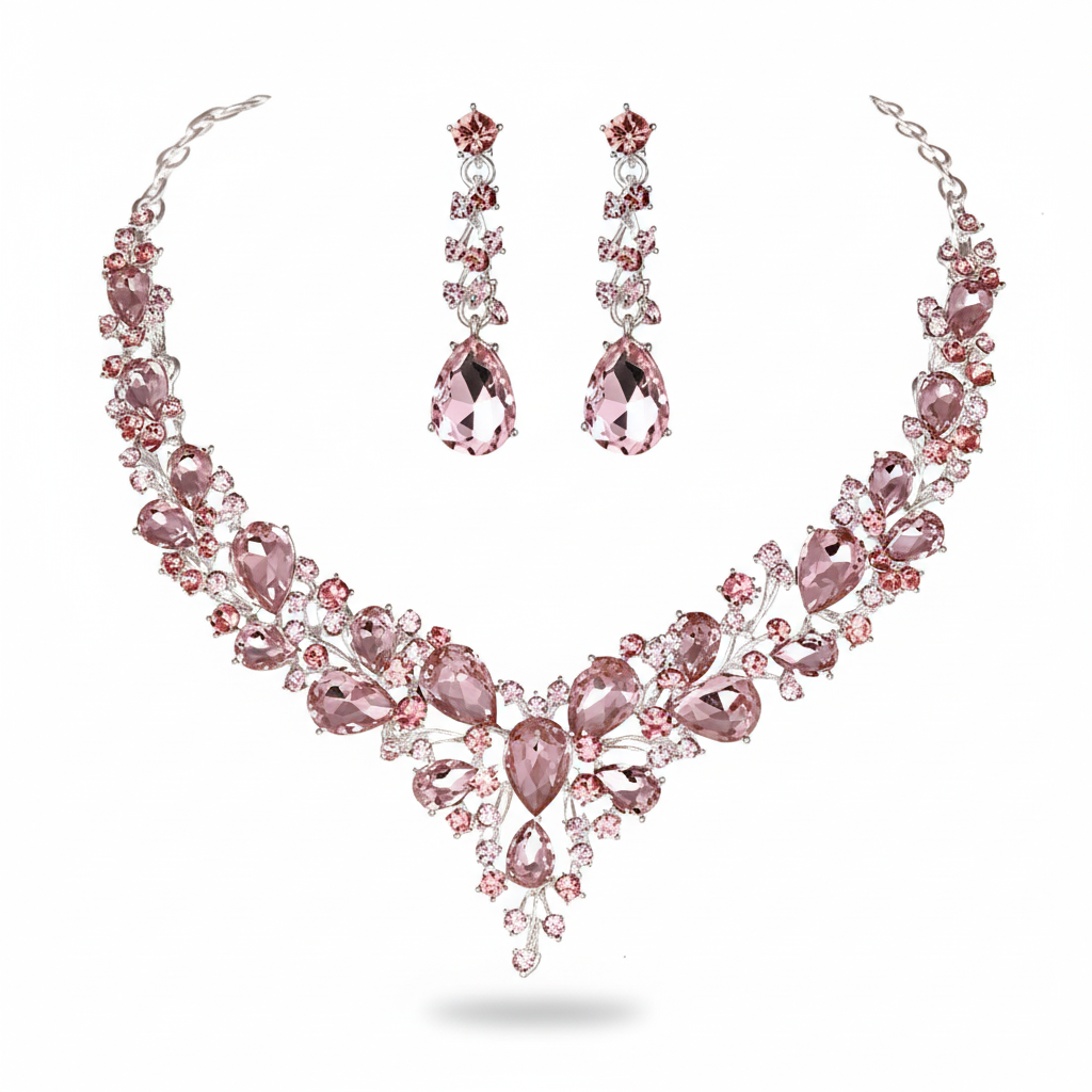 Conjunto de joias de noiva rosa com fundo branco e sombras