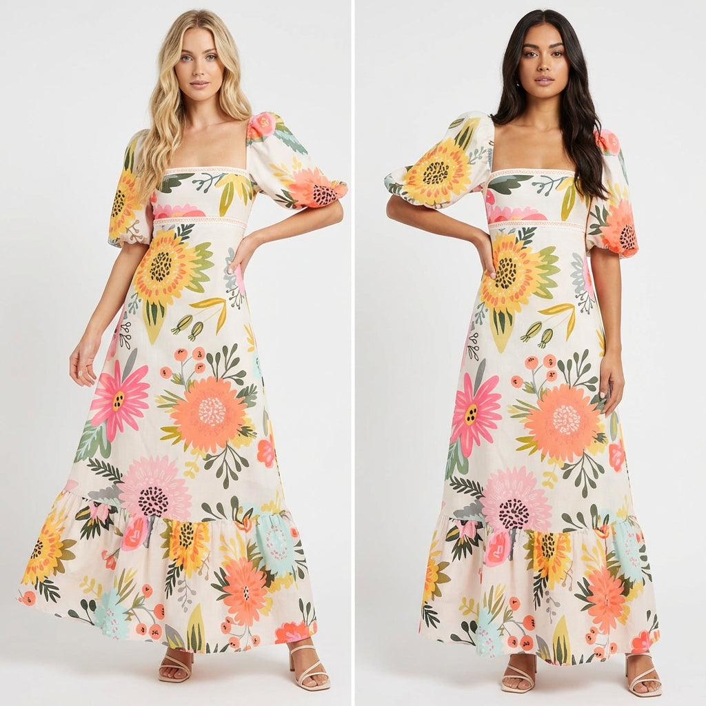 2025 AliExpress European and American women's clothing temperament elegant fashion printed lantern short sleeve A-line swing European and American dresses