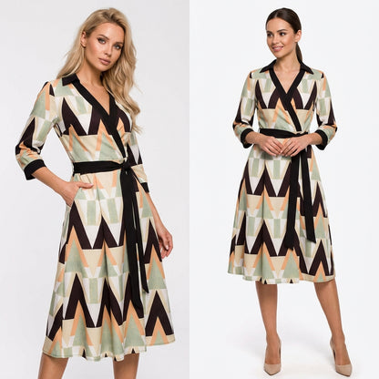 2025 Amazon AliExpress Europe and the United States Foreign Trade Women's Fashion Print Long Sleeve V-Neck Hip Commuter Dress 661