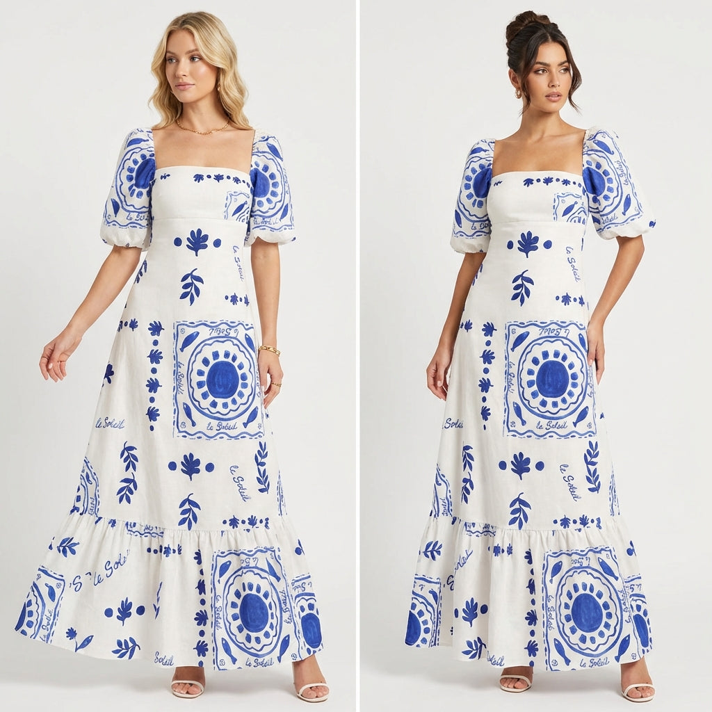 2025 AliExpress European and American women's clothing temperament elegant fashion printed lantern short sleeve A-line swing European and American dresses