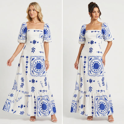 2025 AliExpress European and American women's clothing temperament elegant fashion printed lantern short sleeve A-line swing European and American dresses