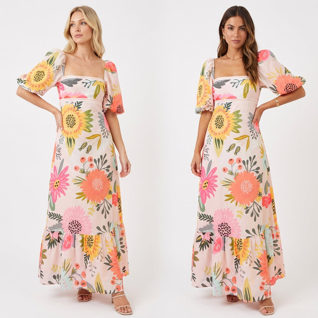 2025 AliExpress European and American women's clothing temperament elegant fashion printed lantern short sleeve A-line swing European and American dresses