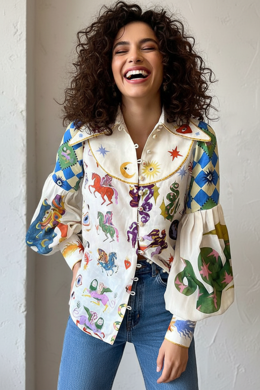 Modelo morena com cabelo encaracolado sorrindo