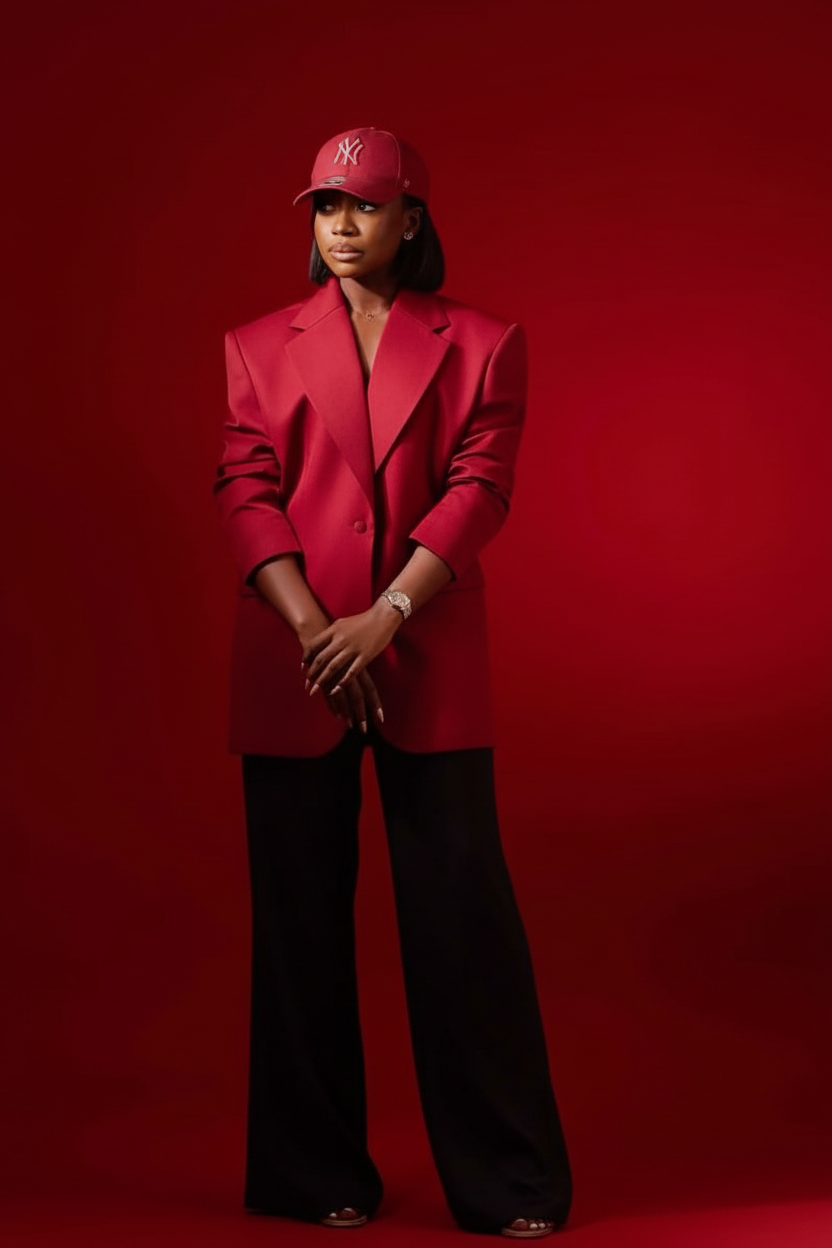 Look editorial blazer vermelho e boné NY