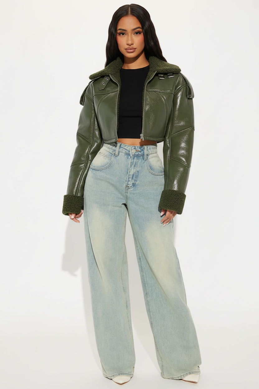 Look jaqueta cropped verde militar e jeans
