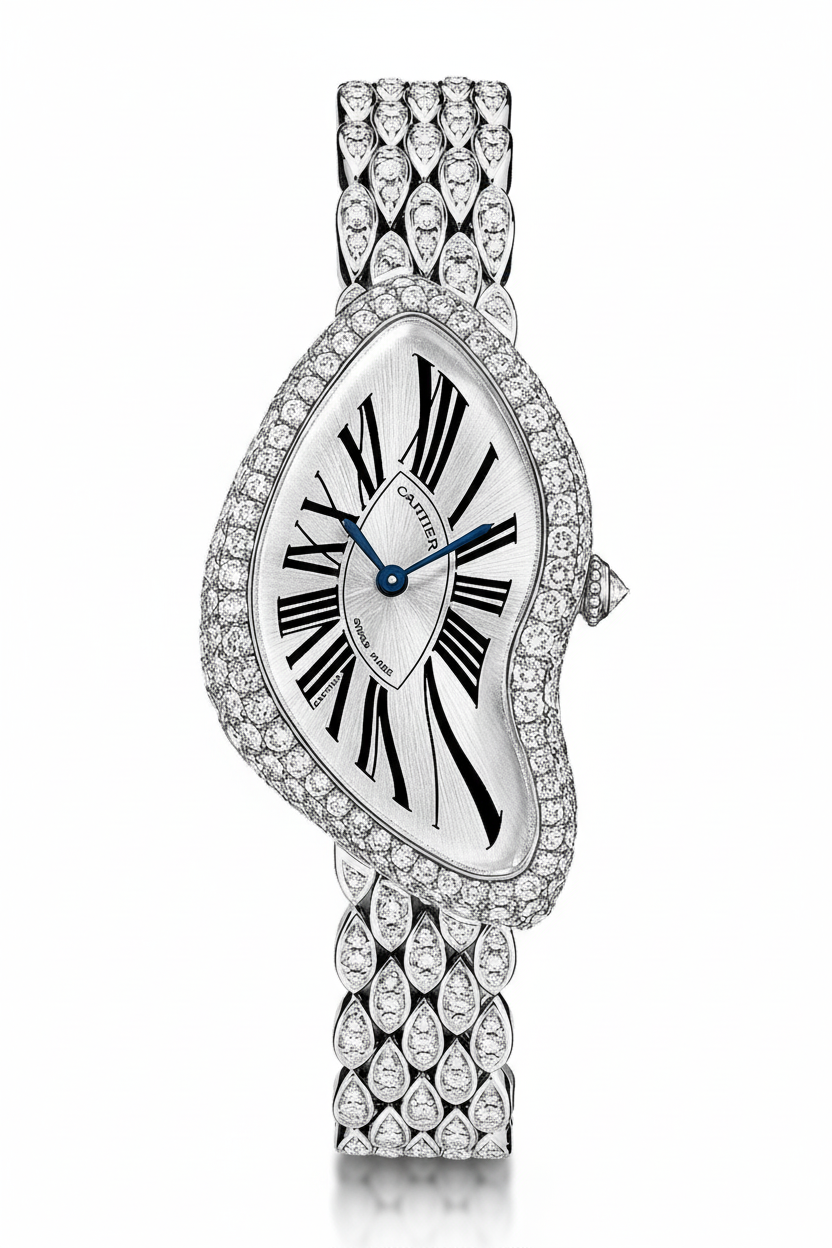 Relógio Cartier com diamantes em fundo branco com sombras