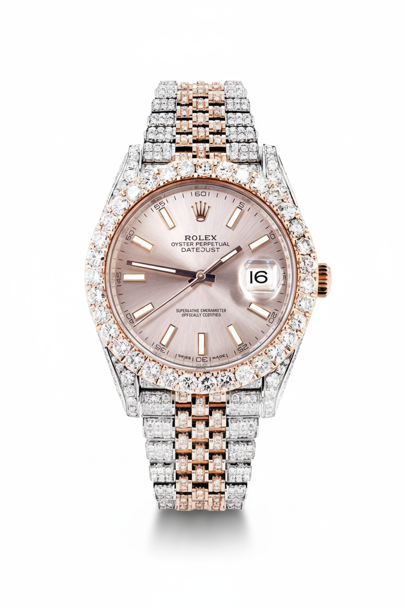 Rolex Datejust com diamantes em fundo branco com sombras